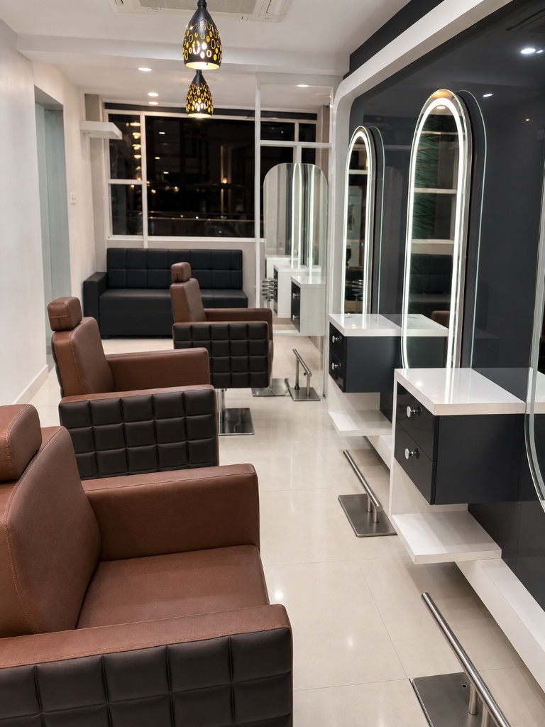 Side view of the styling stations with lounge seating and daylight